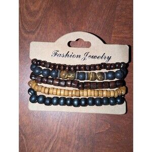 5-Piece Boho Wood & Beaded Bracelet Stack – Earth Tones, Tribal, Surfer Style